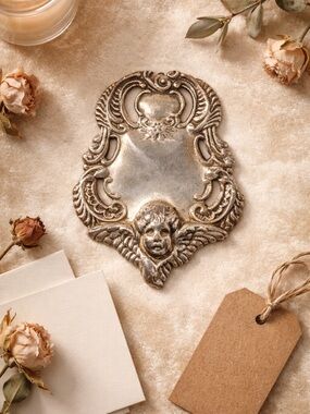 Vintage Mexico 925 Silver Art Deco Cherub Angel Repoussé Ornate Shield Taxco